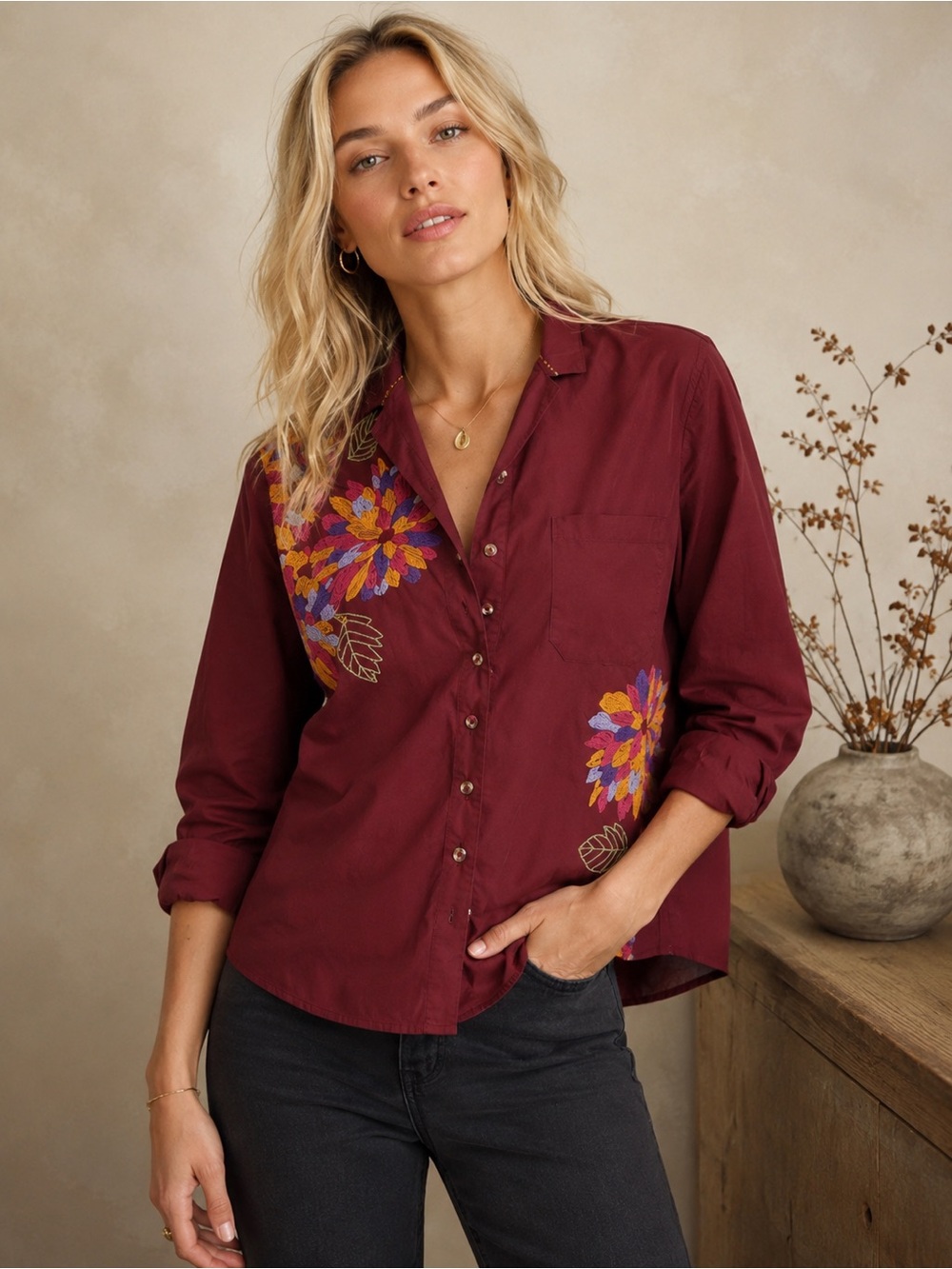 ♥️🌸 Anthropologie Burgundy Floral Button Down Shirt 🥀